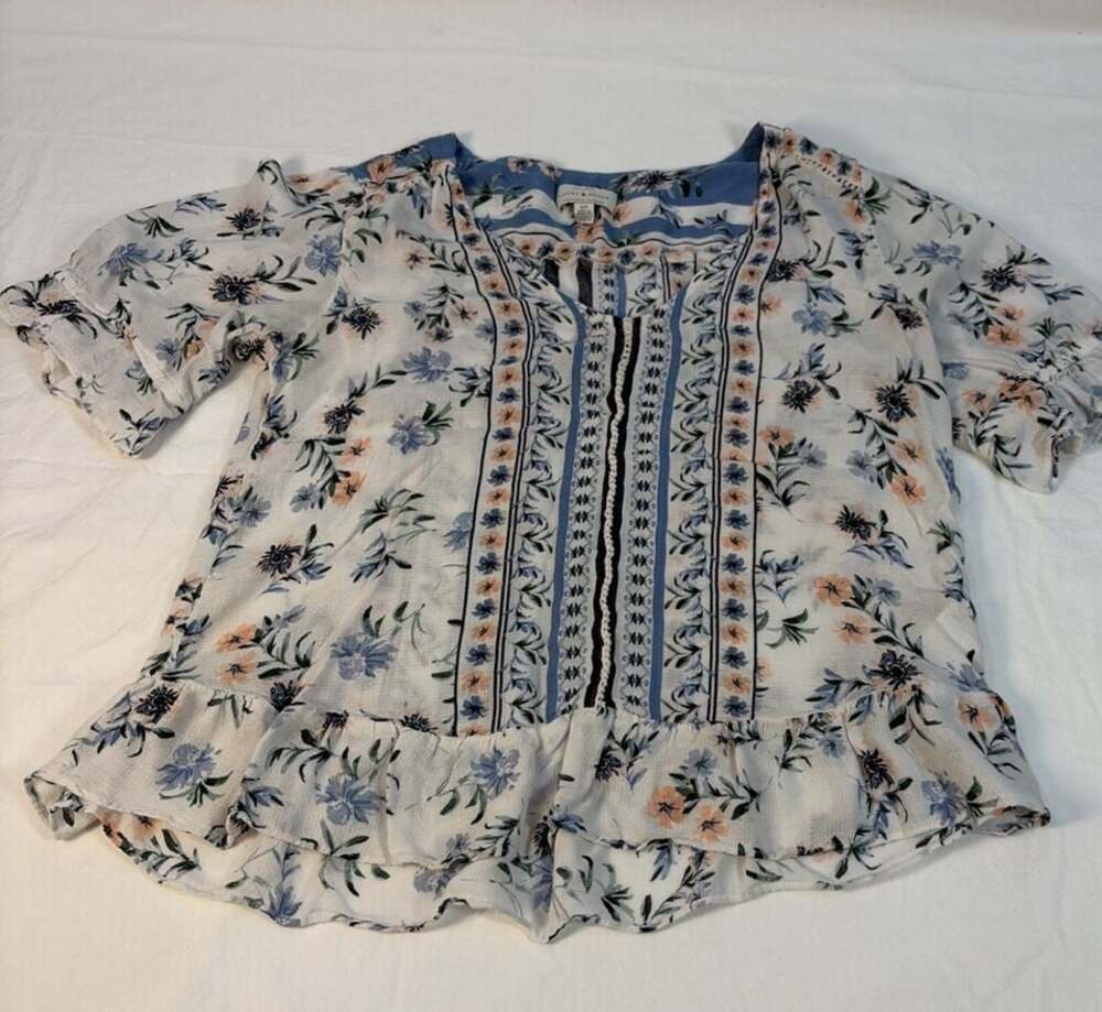Lucky Brand Women's Sz S Cream Blue Flutter Print Short Sleeve Boho Blouse